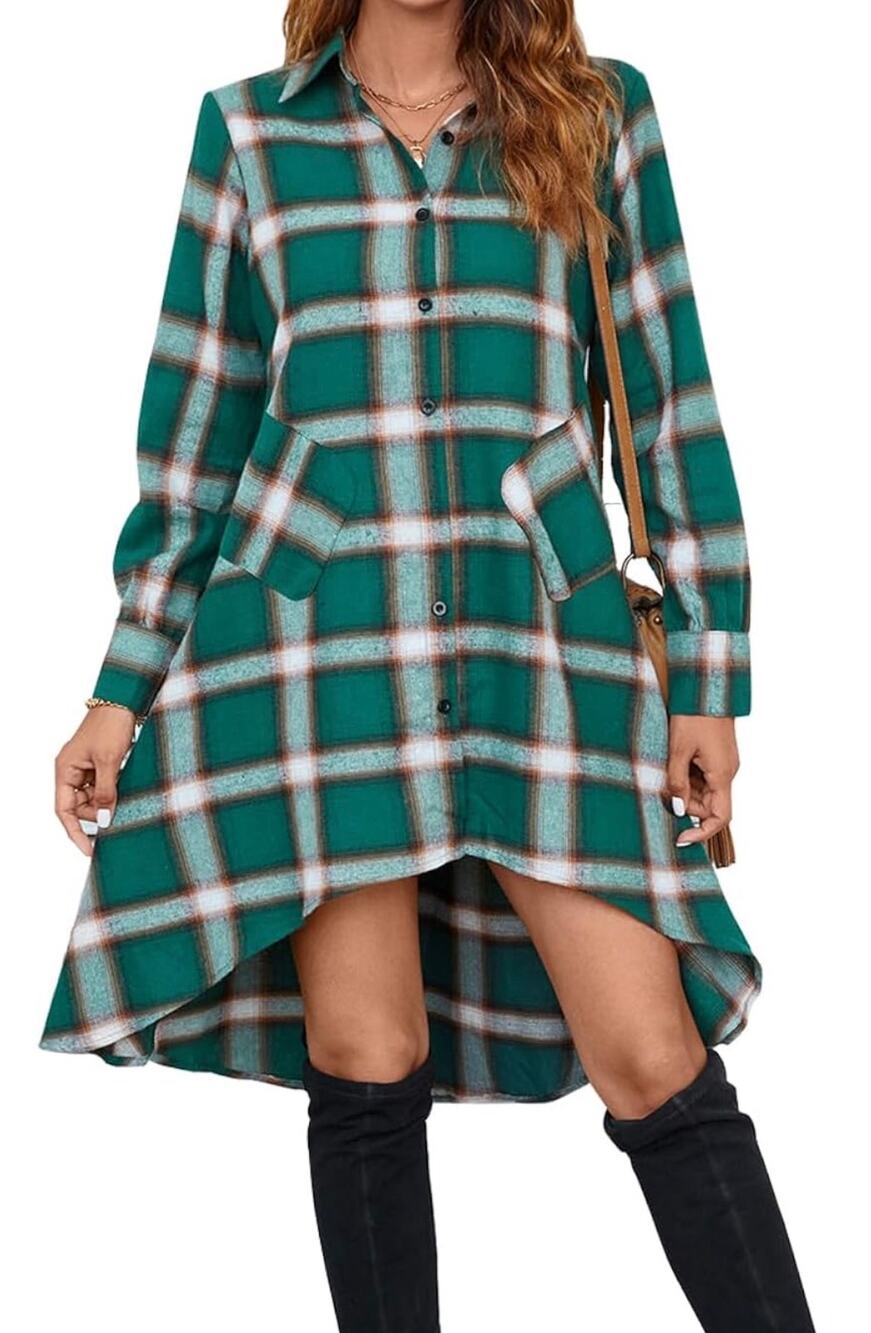 NWT Olrain Women's Plaid LS Irregular Hem Casual Shirt Dress Sz M